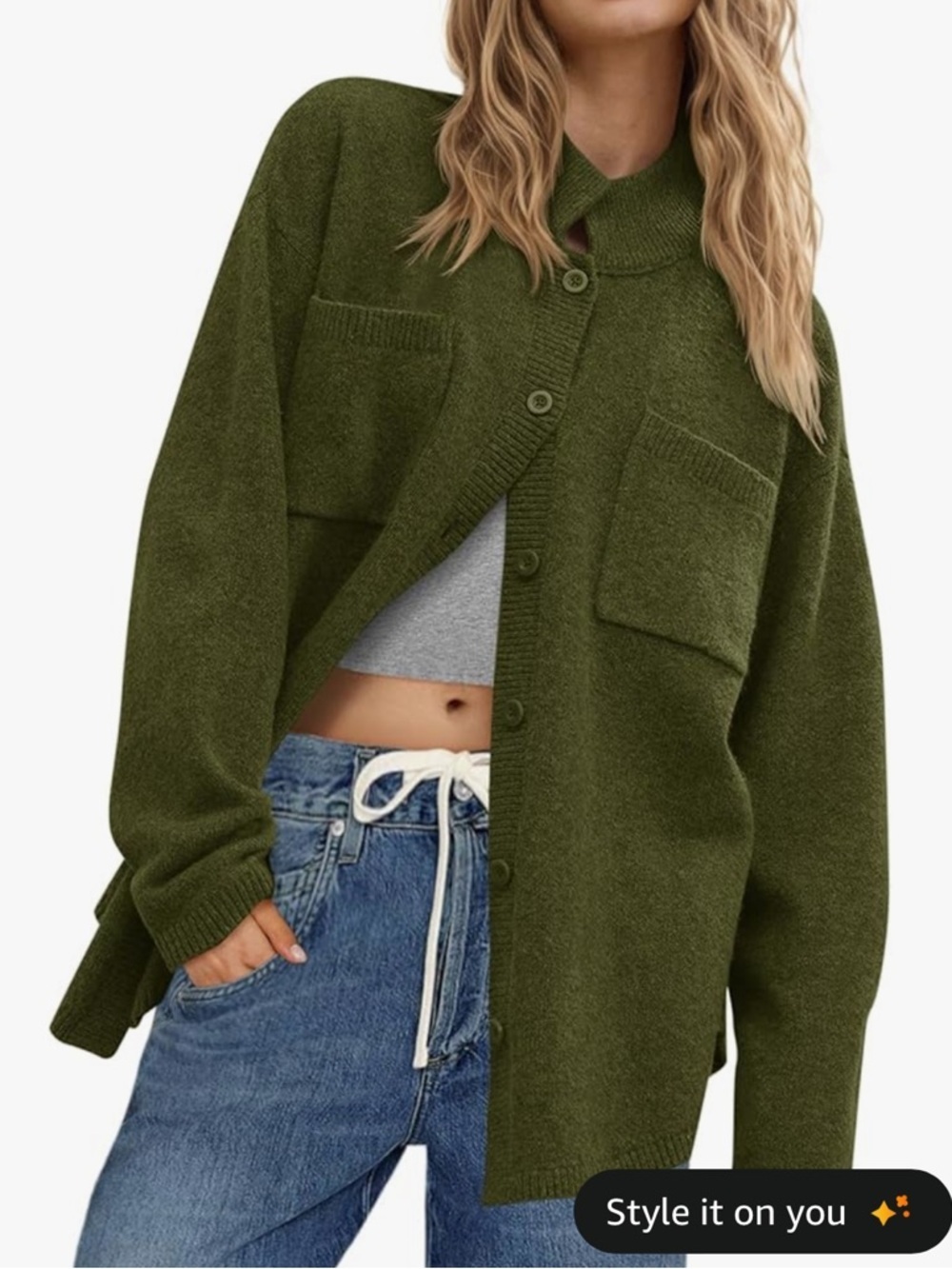 NWT Army Green Oversized Collared Button-Up Knit Cardigan size Small